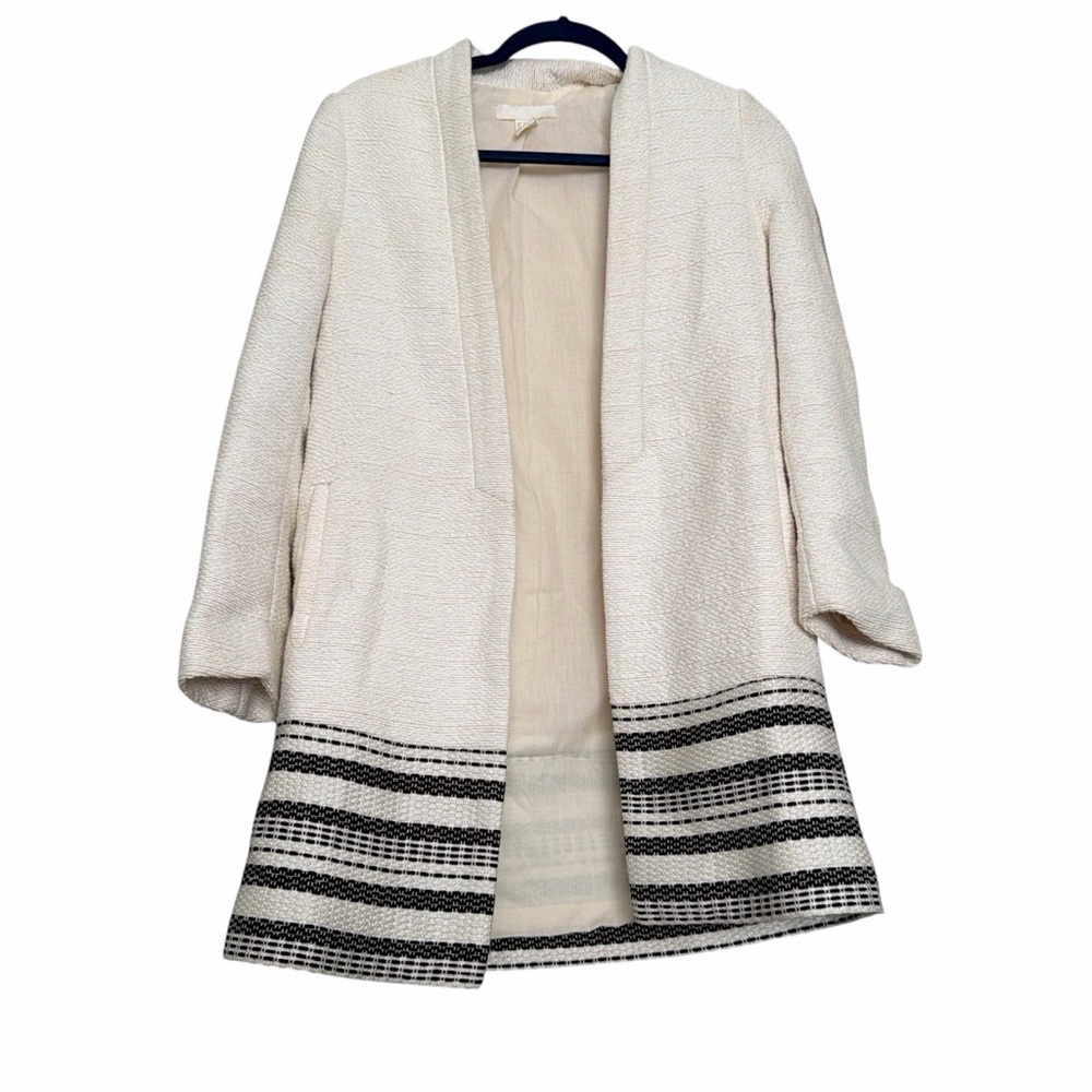 H&M Cream Open-Front Textured Coat with Black Stripe Hem size 4
